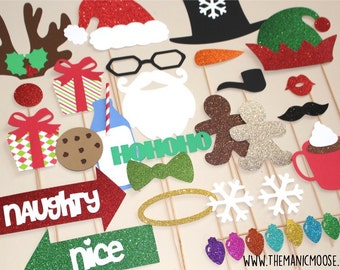 Christmas Party Props - SUPER DELUXE 26 piece set - GLITTER Photo Booth Props - Santa and Friends - 100 dollar value!