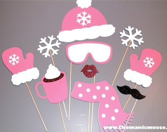 Winter Photo Booth Props - 10 piece set - GLITTER Photobooth Props - Snow Bunny, Ski Bunny - Pink