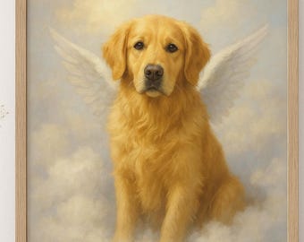 May include: A framed portrait of a golden retriever with angel wings, sitting on clouds. The dog is a light golden color, with the name "Bailey" written in cursive at the bottom.