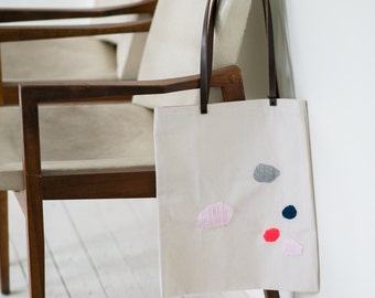 Embroidered Tote bag with Leather Straps, Abstract Pattern, Handmade