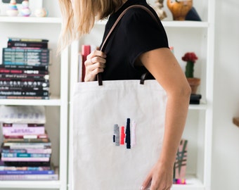 Embroidered Tote bag with Leather Straps, Abstract Pattern, Handmade