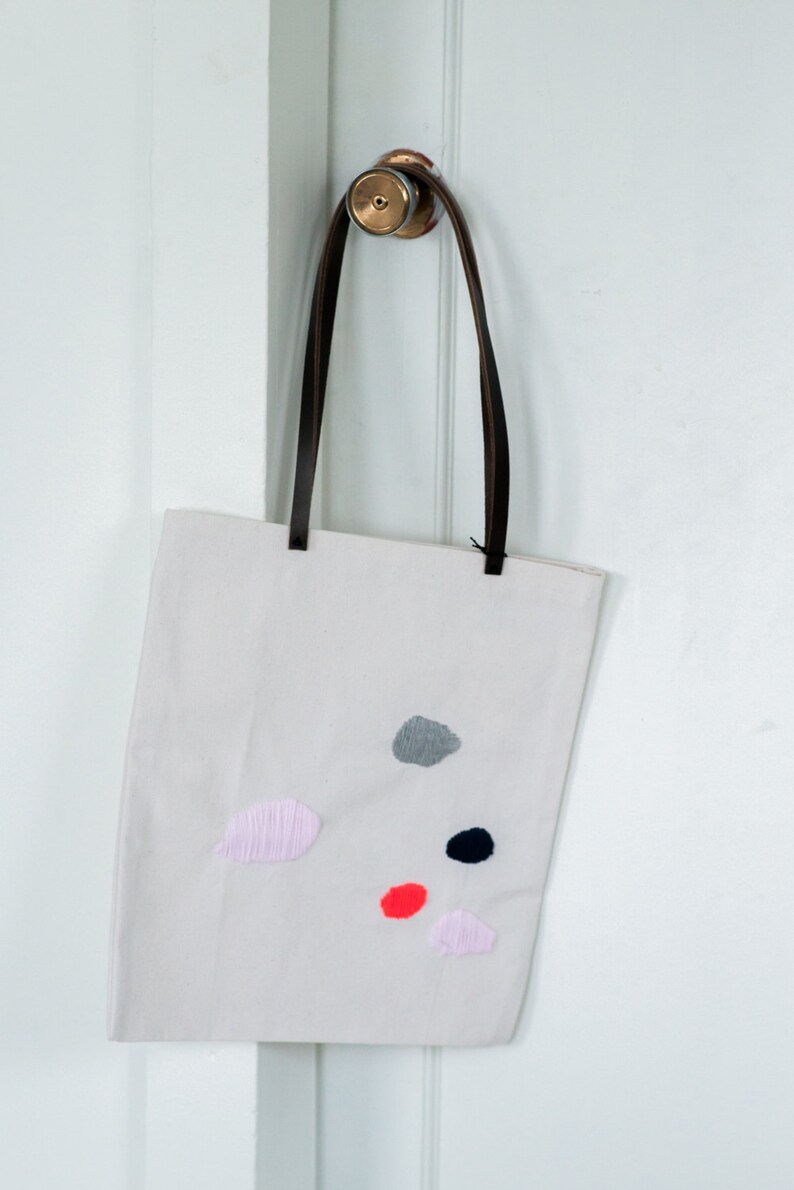 Embroidered Tote bag with Leather Straps, Abstract Pattern, Handmade image 3