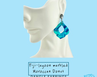 Fiji-lagoon marbled moroccan donuts dangle earrings, 304 surgical stainless steel oval posts, trendy jewelry 2023, handmade