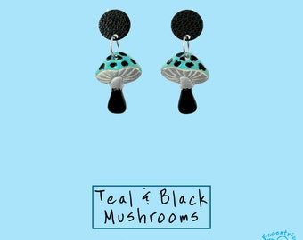 Teal, black, & silver mushroom dangle earrings with 304 grade stainless steel gunmetal black, handmade, trendy jewelry 2023, boho