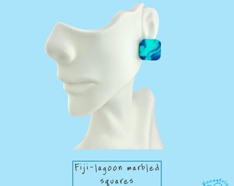 Fiji-lagoon marbled simple elegant square stud earrings, 304 Grade Stainless Steel Posts Handmade, trendy jewelry 2023