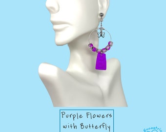 Purple Flowers Glass Crackle Beaded Hoop Dangle Earrings, Stainless Steel Butterfly and Posts Handmade, trendy jewelry 2023