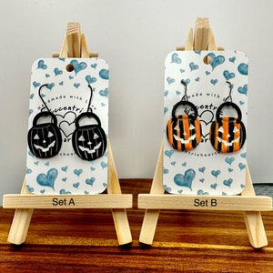 Jack o’lantern pumpkin treat bucket-pail dangle earrings, surgical stainless steel ear wire, handmade, Halloween, black white, orange black