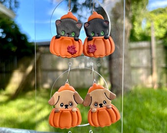 Handmade Cat or Dog Pumpkin Earrings: Fall Halloween Jewelry