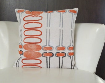 Mid Century Modern Look, Throw Pillow Cover, Orange, Grey, Black, Toss Cushion, Block Printed Cotton Blend, Linen Look,Washable