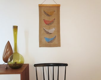 Mid century style wallhanging , print on burlap of Bitossi style birds