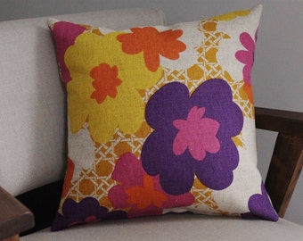 Decorative Throw Pillow, Mid Century Era , Cushion  Cover, Gift for her ,Vintage Screen Printed Linen , Pink, Yellow, Orange Purple, Floral