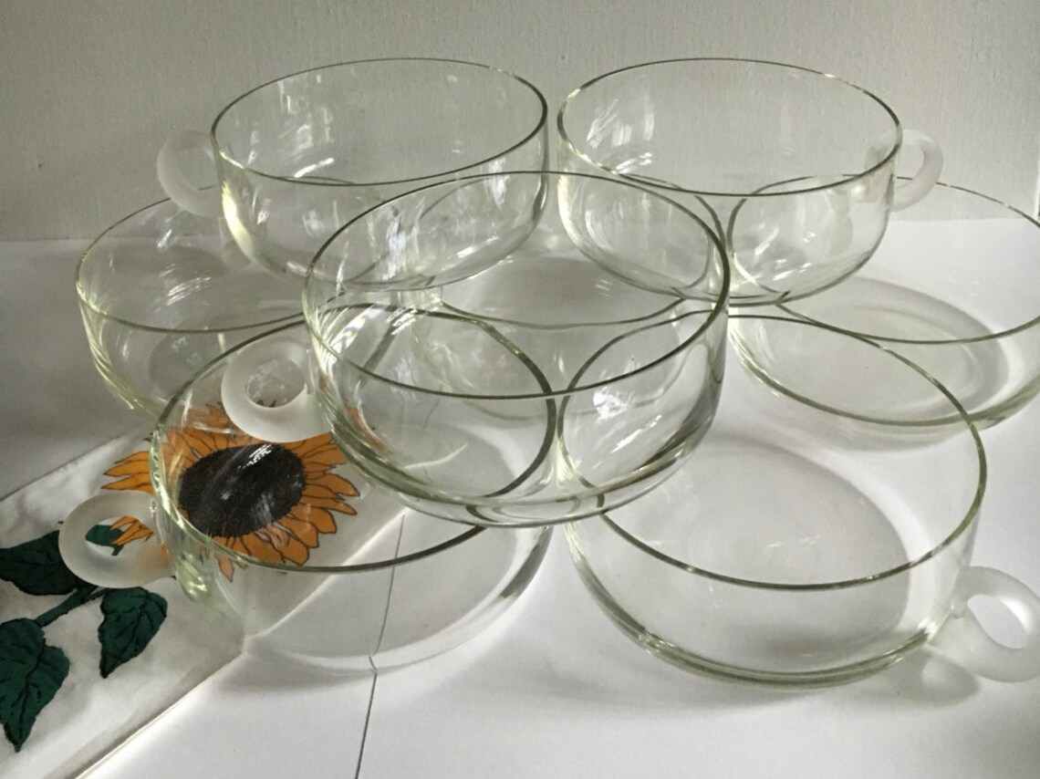 Vintage 8 Clear Glass Soup Bowls with Frosted Handle Large Etsy