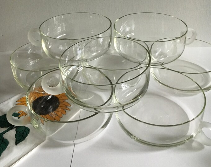 Vintage 8 Clear Glass Soup Bowls With Frosted Handle Large Etsy