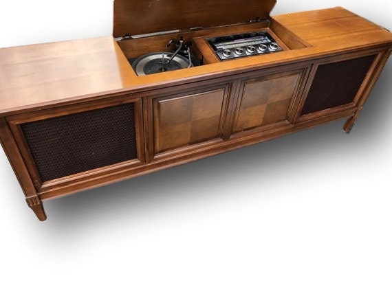 madmen- style mid-century modern stereo console cabinet with new turntable