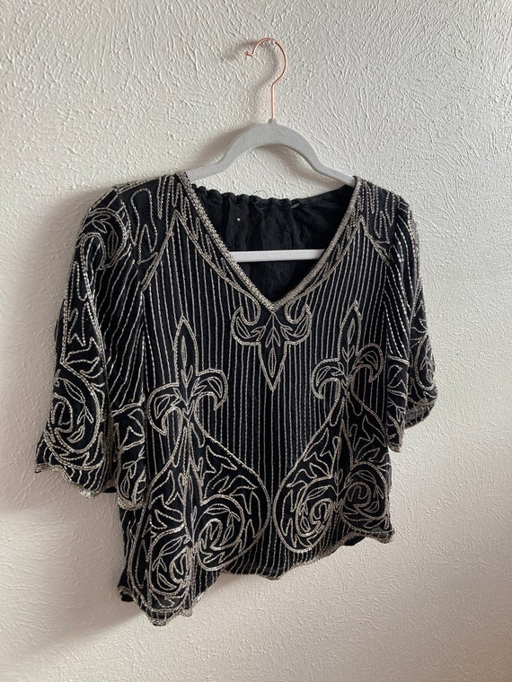 SMALL Vintage Art Deco black and silver beaded top - image 2
