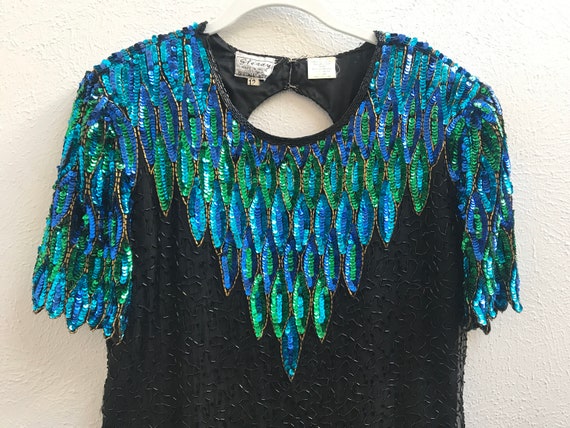 Size 12 Blue and Green Vintage Sequin Dress with … - image 6