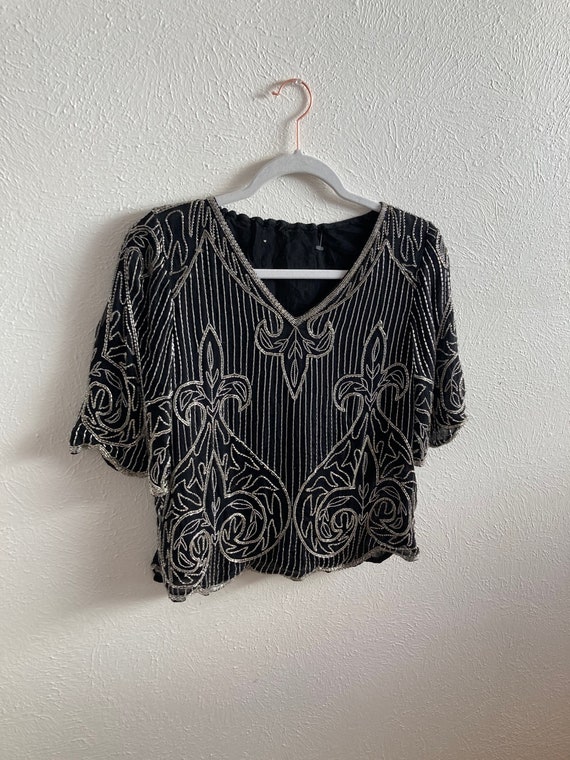 SMALL Vintage Art Deco black and silver beaded top - image 6
