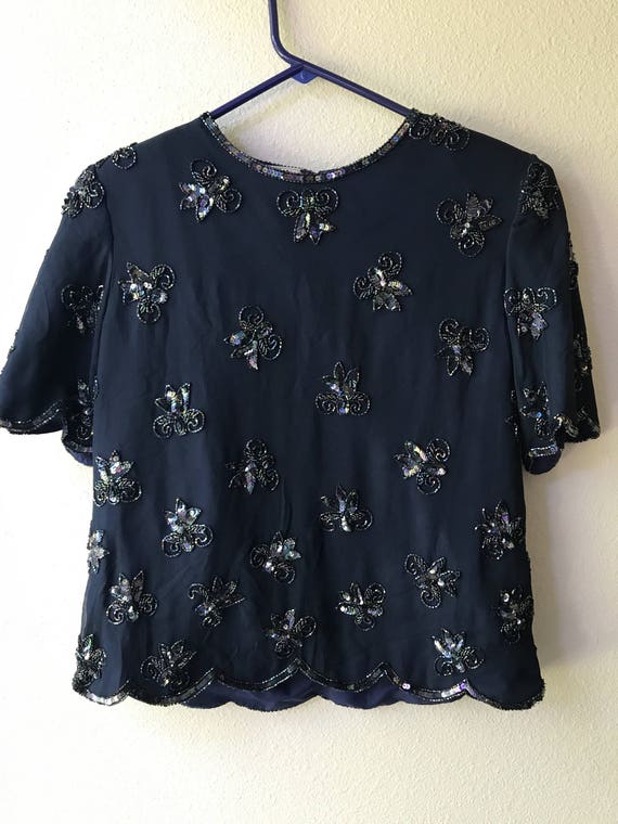 Blue Beaded top, sequin top, vintage sequin top, i