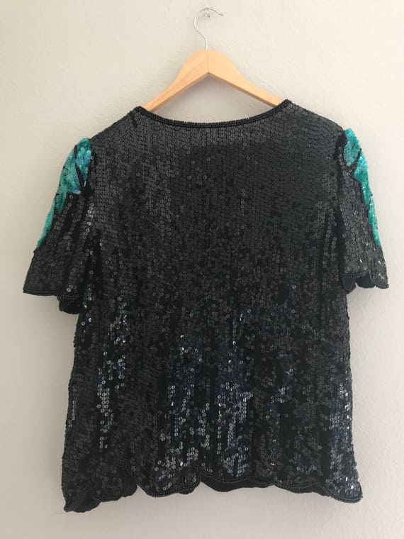 LARGE Tropical leaf pattern sequin shirt, vintage… - image 7