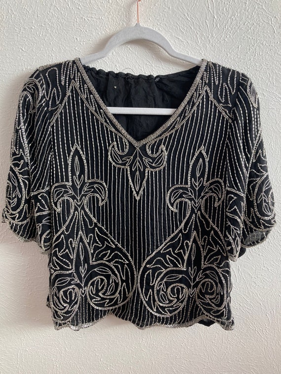 SMALL Vintage Art Deco black and silver beaded top - image 7