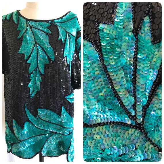 LARGE Tropical leaf pattern sequin shirt, vintage… - image 3