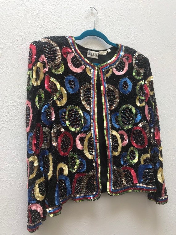 Large vintage sequin cardigan with circle pattern - image 4