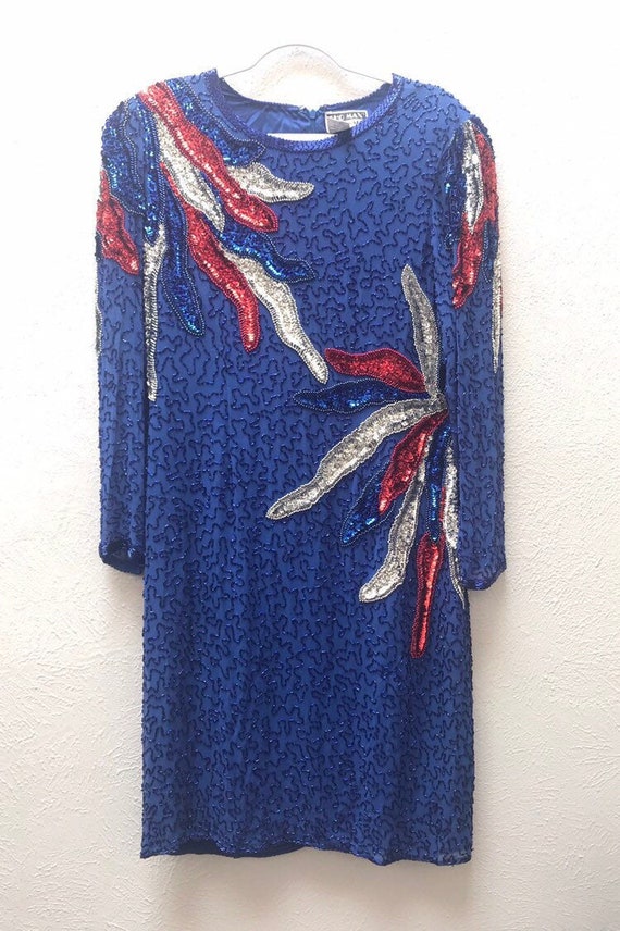 blue and white sequin dress