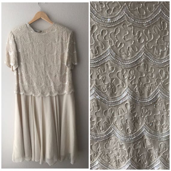 beaded white dress, XL white and ivory iridescent
