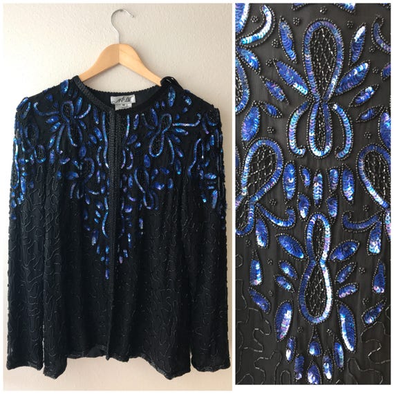 Vintage Black Sequin cardigan Blue Sequin Jacket,… - image 1