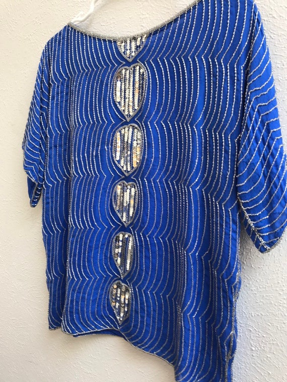 MEDIUM Blue and silver sequin silk top - image 7