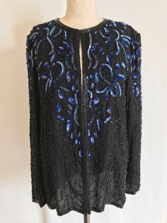 Vintage Black Sequin cardigan Blue Sequin Jacket,… - image 5