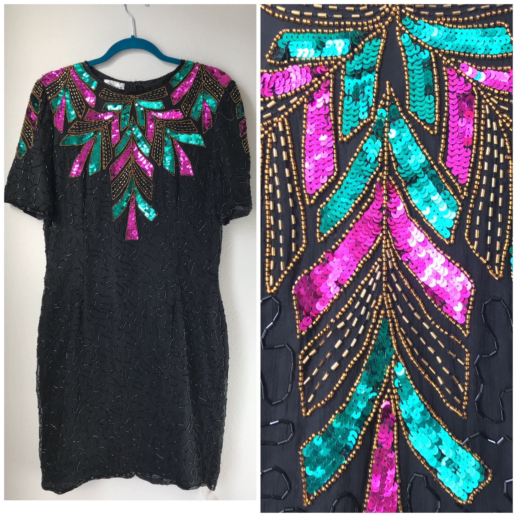 Medium Pink and Turqoise Vintage Sequin Dress , 80's Dress Medium Pink and Turqoise Vintage Sequin Dress , 80's Dress
