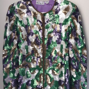 PEQUEÑA chaqueta vintage de lentejuelas increíble, chaqueta de lentejuelas pastel pesada con concha de seda lavanda Rina Z