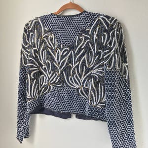 MEDIUM  Beaded  bolero Jacket | navy blue sequin jacket honeycomb pattern beads | pure silk