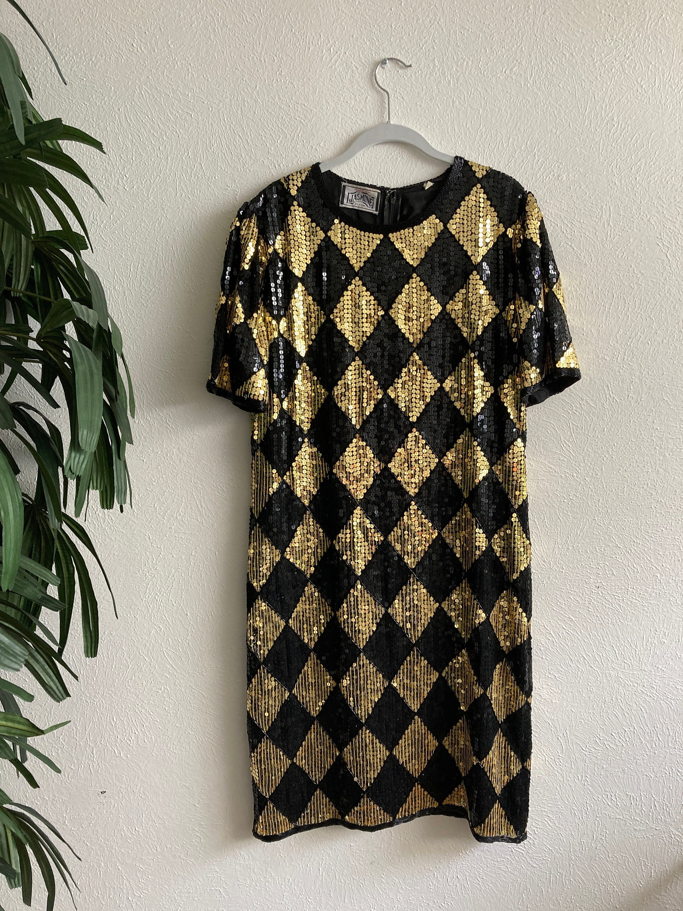 Vintage Sequin Dress Gold and Black Diamond Pattern Silk Size Large Etsy UK