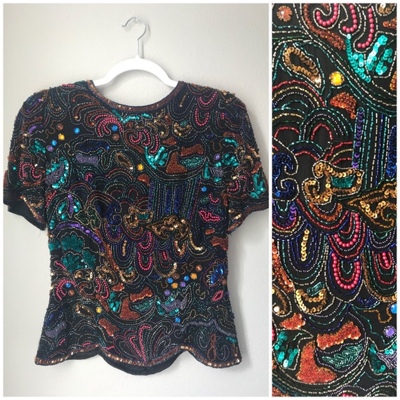 SMALL Multicolor beaded top , vintage beaded shirt
