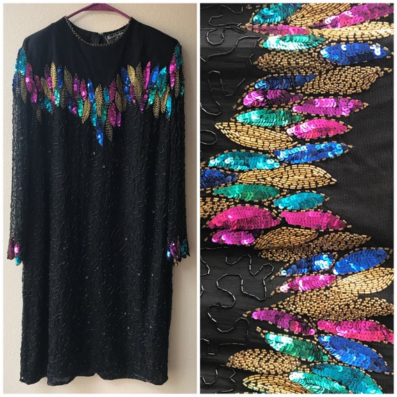 Colorful vintage sequin dress , vintage party dres
