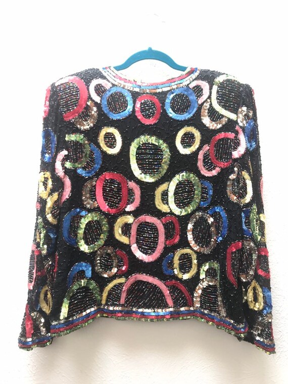 Large vintage sequin cardigan with circle pattern - image 5