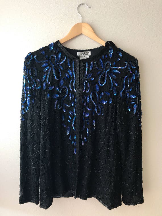 Vintage Black Sequin cardigan Blue Sequin Jacket,… - image 4