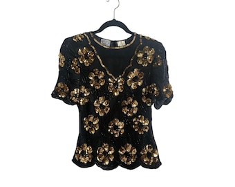 Vintage 1980s Stenay Black Silk Top W/ Gold Sequin Flowers & Beaded Leaves Size M