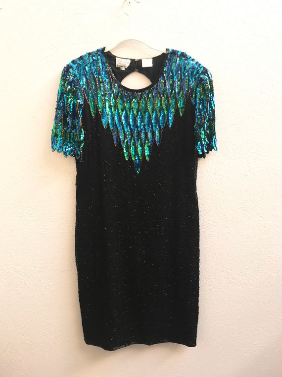 Size 12 Blue and Green Vintage Sequin Dress with … - image 8