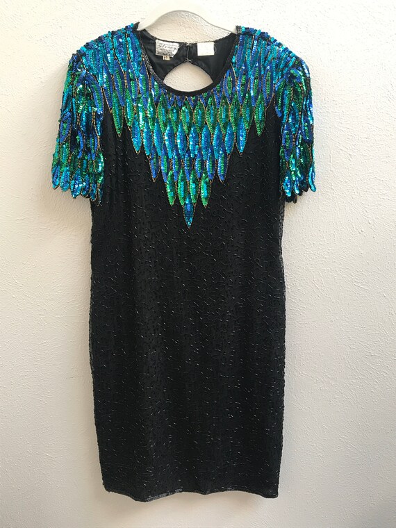 Size 12 Blue and Green Vintage Sequin Dress with … - image 5