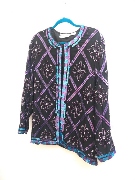 2X Sequin Flower Pattern Jacket Purple and Blue
