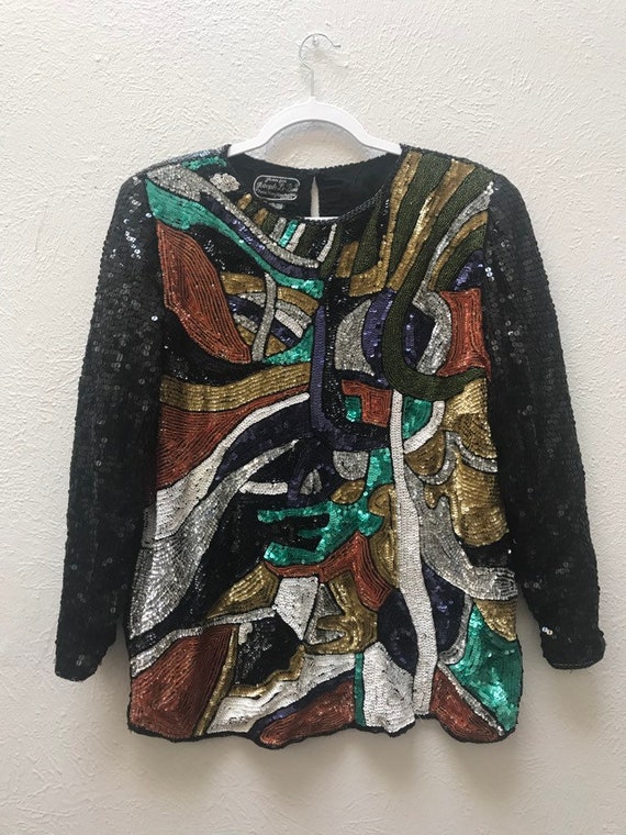 LARGE Vintage Sequin top long sleeve abstract patt