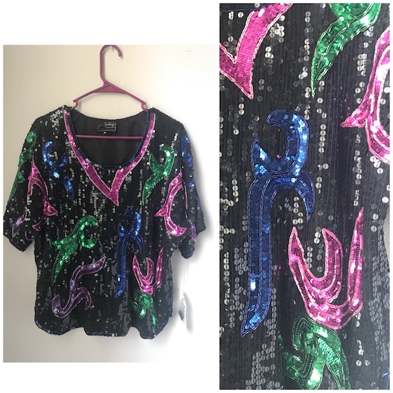 Medium Colorful sequin party top , vintage sequin… - image 1