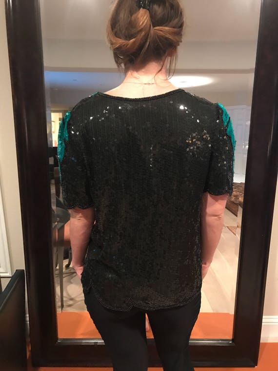 LARGE Tropical leaf pattern sequin shirt, vintage… - image 9