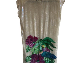Vintage white sequin dress with tropical parrots size medium