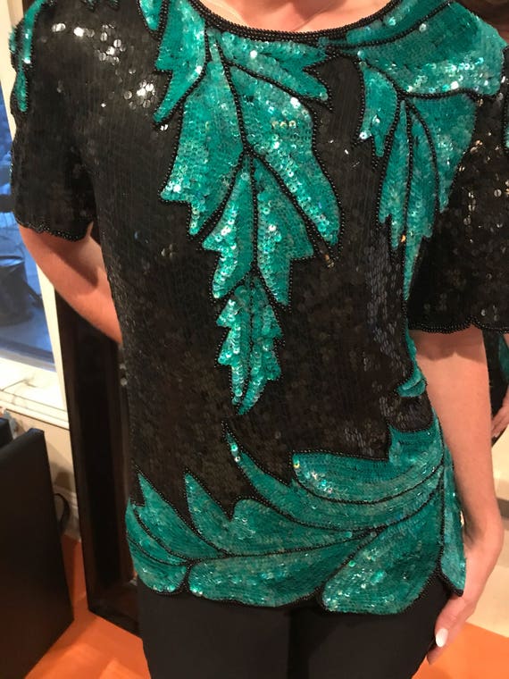 LARGE Tropical leaf pattern sequin shirt, vintage… - image 6