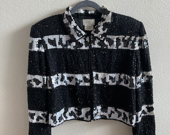 XL silk bomber jacket with iridescent black and white sequins