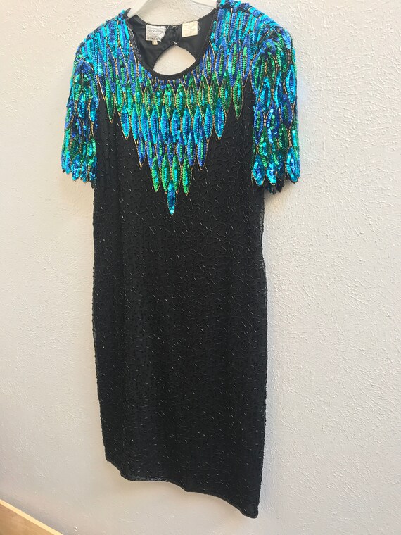 Size 12 Blue and Green Vintage Sequin Dress with … - image 9